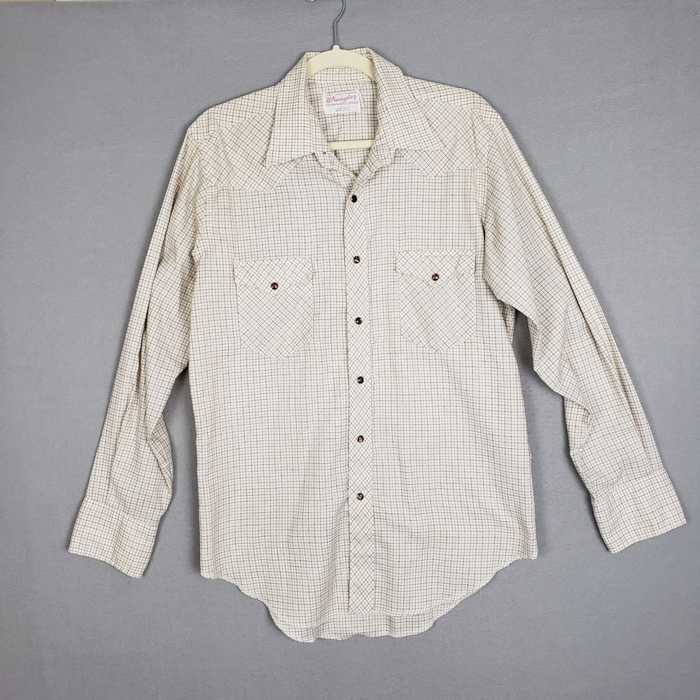 Vintage Wrangler Men's 16-34 Long Sleeve Western‎ Shirt Cream Brown Grid Plaid
